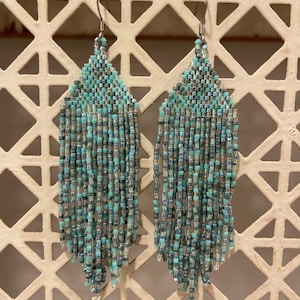 Handwoven Beaded Fringe Earrings: Teal Ocean Waters Dangle