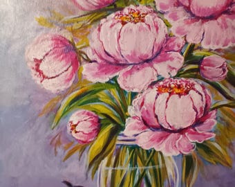 pink peonies 16 by 20 stretched canvas ,original.