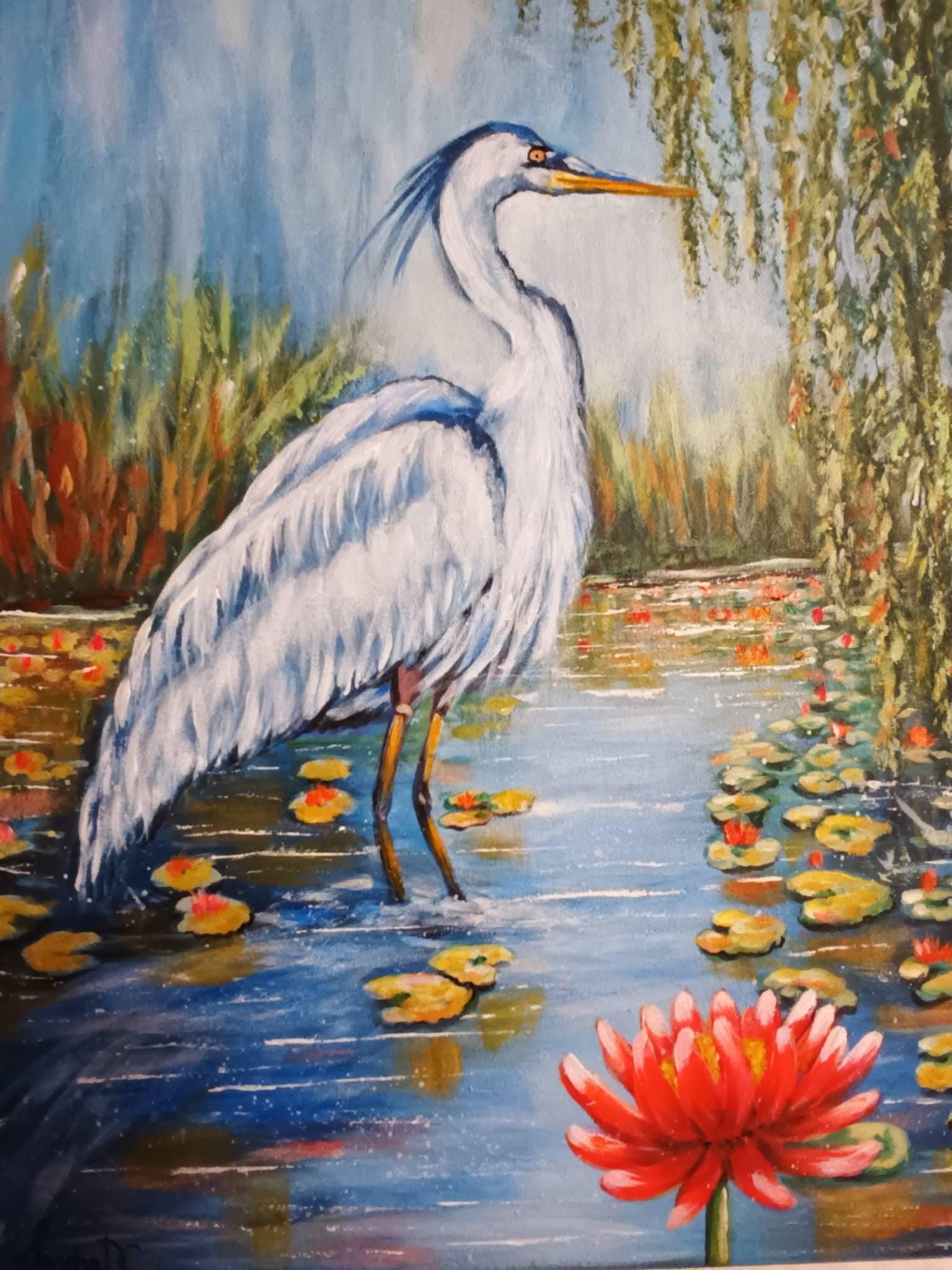 Blue Heron Painting, Water Lilies Landscape Wildlife Art (16x20)