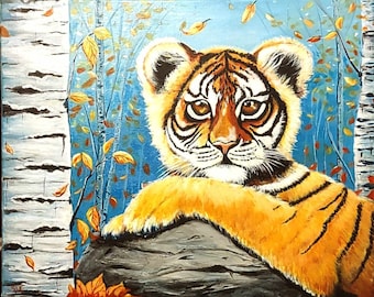 Origineel schilderij tijgerwelp: 16 x 20. canvas