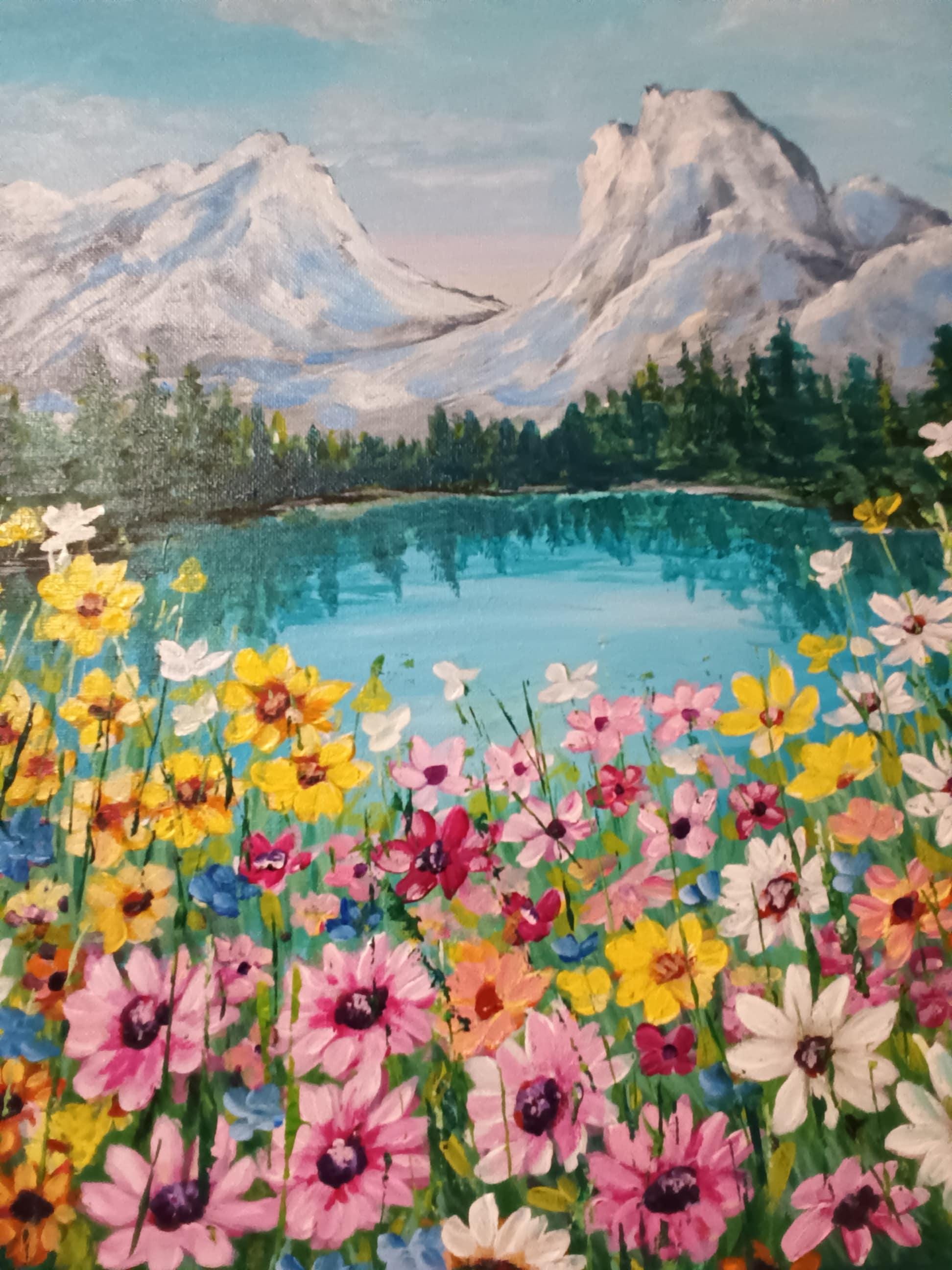 Wildflower Lake Landscape Painting: Original Acrylic Canvas Art - Etsy