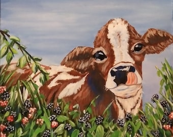 cow in the blackberries landscape painting ,acrylic wall art hand painted original art.
