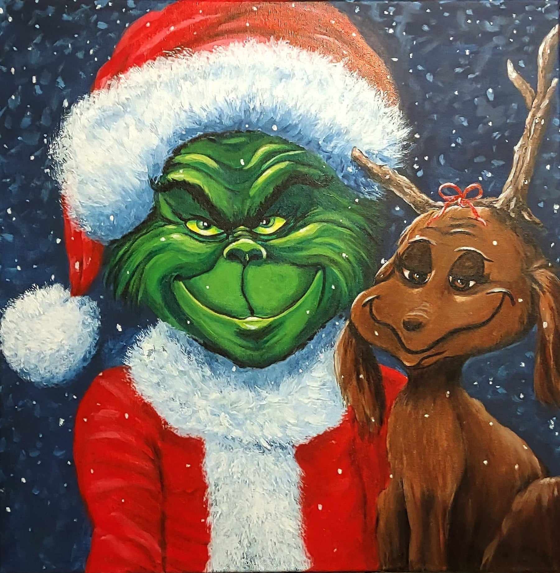 Grinch and Max" In a Santa Suit snowy background.painting 20 by 20 large canvas, mean Grinch and cute Max. original hand painted