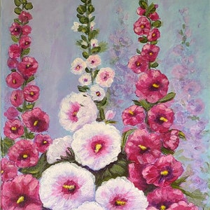 Original Acrylic Hollyhock Painting: Pink & White Floral Art, 8x10