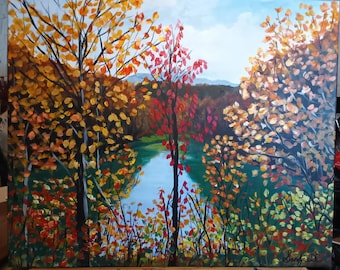 Autumn Lake Landscape Painting, 20 by 24 Canvas Original