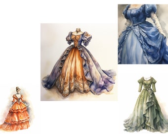 28 Stück viktorianische Kleider in Aquarell | Vintage Kleider | Kleider in Aquarell | vintage in Aquarell