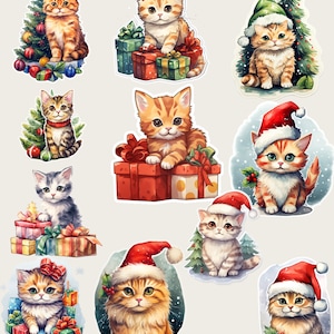 Weihnachtskatzenaufkleber, fussy Schnitte für Ihre Weihnachtsprojekte, Katzenkarten, Junk Journal, Lizenzfrei, Aufkleberblätter
