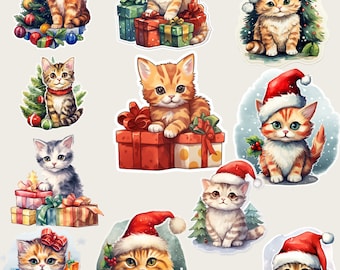 Christmas Cat Stickers, Christmas Kitten Fussy Cuts for your Holiday Projects, Cat Cards, Junk Journal, License Free, Sticker Sheets