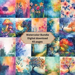 May include: A digital download bundle of 45 watercolor illustrations featuring nature scenes, including trees, flowers, mushrooms, and landscapes. The text "Watercolor Bundle Digital download 45 pages" is displayed in the center of the image.