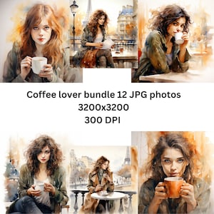 Kaffee Liebhaber Bundle in Aquarell, Mädchen trinkt Kaffee printable, 300 DPI, Junk Journal, nutzbar online, aber auch gedruckt
