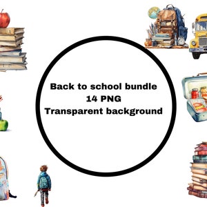 Back to school bundle, back to school Clipart, transparent background, school bus, books, backpack, back to school time in watercolour image