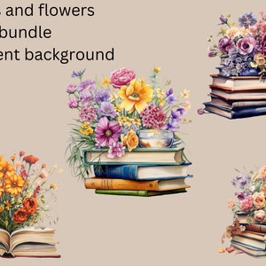 May include: Four digital illustrations of stacks of books with colourful flowers on top. The flowers are in various shades of pink, purple, yellow, and orange. The books are brown, blue, and green. The background is a light beige colour.