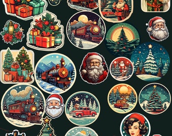 Paquete de pegatinas navideñas vintage, fondo transparente, pegatinas navideñas retro, pegatinas imprimibles navideñas, álbum de recortes, diario basura,