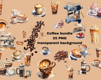 May include: Watercolor illustrations of coffee, coffee beans, pastries, and coffee making equipment. The illustrations are on a beige background. The text "Coffee bundle 25 PNG transparent background" is in the center of the image.