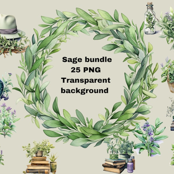 Sage Watercolor bundle with transparent background, 25 PNG sage images, creative projects with sage, license free clipart