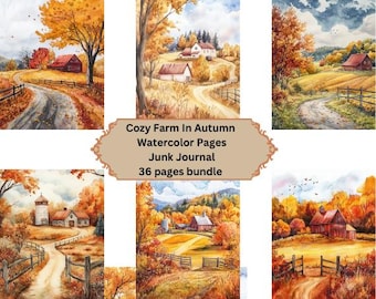 May include: A set of 36 watercolor pages featuring cozy farm scenes in autumn. The pages are perfect for junk journaling and feature charming details like red barns, winding roads, and colorful foliage.