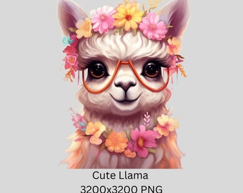 May include: A cute cartoon llama wearing a flower crown and orange-rimmed glasses. The llama has a pink nose and white fur. The background is a light gray.