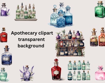 Apotheker Clipart Bundle mit transparentem Hintergrund, Apotheker kreatives Projekt, Apothekerflaschen, Apothekerregale, magische Cliparts