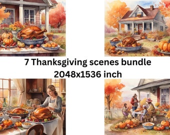 Watercolor Thanksgiving Scenes, Printable Thanksgiving Scenes, Junk Journal downloadable, Turkey season, Autumn season, license free