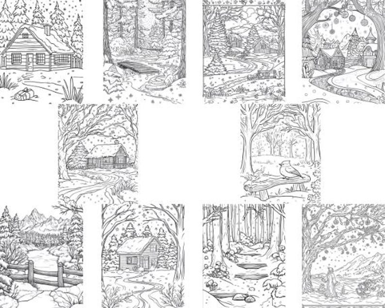 Winter Wonderland Coloring Pages: Cozy Cabins & Snowflakes (digital ...