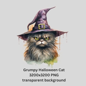Chat d'Halloween PNG pour t-shirts, Fond transparent effrayant en téléchargement numérique, Aquarelle imprimable Grumpy cat PNG sans licence