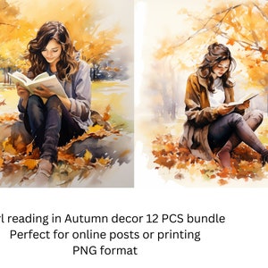 Serenidad de otoño: Niña leyendo en un acogedor entorno de otoño, paquete de 12 PCS, paquete de otoño imprimible, paquete utilizable en línea, diario basura, amante del otoño