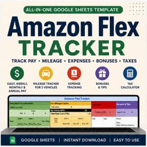 Könnte beinhalten: Eine Amazon Flex Tracker Google Sheets Vorlage mit einem digitalen Dashboard für Gehalt, Kilometerstand, Ausgaben, Boni und Steuern. Das Layout enthält farbige Symbole und eine Tabellenvorschau zur Erfassung von Fahrzeugdaten und Finanzsummen.