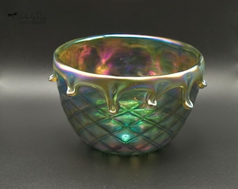 RARE Gorgeous IGOR MULLER Iridescent Basketweave Art Nouveau Loetz Style Studio Glass Centerpiece Bowl with Drips Bohemia Czechoslovakia
