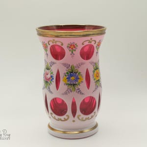 Gorgeous c MOSER White Opaline Cut to Cranberry Ruby Glass Vase w/Colorful Hand Painted Flowers Bohemia Czechoslovakia Czech Floral