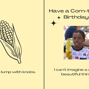 Cartão de feliz aniversário de It's Corn para impressão e download instantâneo, It's Corn Kid Big Lump com botões! Tenha um aniversário fantástico!