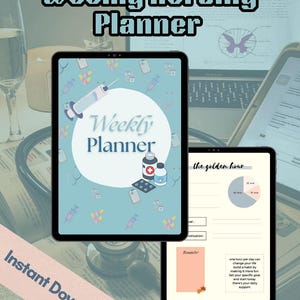 Peut inclure: Deux tablettes numériques affichant un "Planificateur hebdomadaire d'infirmières" avec des illustrations médicales et le texte "Téléchargement instantané". L'une des tablettes affiche une page de planificateur avec un design circulaire et des icônes médicales.