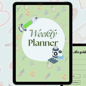 Op de afbeelding: Twee digitale tablets met een "Weekly Nursing Planner" met een lichtgroene achtergrond. De eerste tablet toont een planneromslag met medische pictogrammen en de tekst "Weekly Planner". De tweede toont "the golden hour."