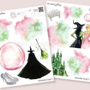 May include: Two sheets of stickers with a "Wickedly Good" theme. One sheet features a witch, a bubble, and a pair of silver shoes. The other sheet has a castle, a crown, and two women in dresses. Pink and green watercolor accents.