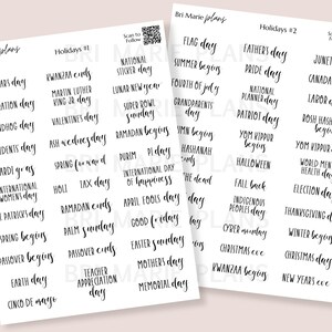 Może przedstawiać: Dwa białe arkusze papieru z czarnym tekstem wymieniającym różne święta. Tekst zawiera święta takie jak Nowy Rok, Walentynki i Dzień Ojca. Arkusze mają u góry tekst "Bri Marie plans".