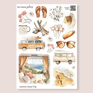 May include: Watercolor illustration featuring a summer road trip theme. Includes a vintage van with a surfboard, sunglasses, a hat, flip-flops, and a beach scene. The text "Summer Road Trip" is at the bottom.