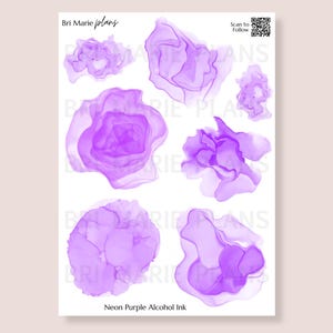 May include: A sheet of neon purple alcohol ink blots. The blots are in various shapes and sizes, and they are all a vibrant shade of purple.