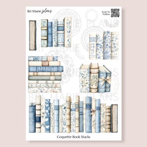 May include: A sticker sheet featuring watercolor illustrations of stacked books in shades of blue, cream, and beige. Some books have floral and patterned designs. The text "Bri Marie plans" and "Coquette Book Stacks" are visible.