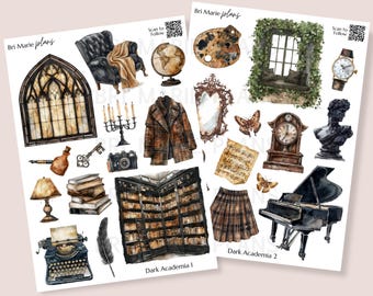 Dark Academia Aufkleber Set | Vintage Gothic Sticker | Bücherwurm Bibliothek Journal Dekor | Aquarell Academia Bundle
