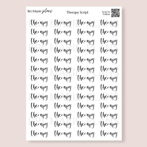 May include: A rectangular sticker sheet featuring multiple rows of the word therapy written in a black cursive script. The top of the sheet includes the text Bri Marie plans, Therapy Script, and a QR code labelled Scan to Follow for digital access.