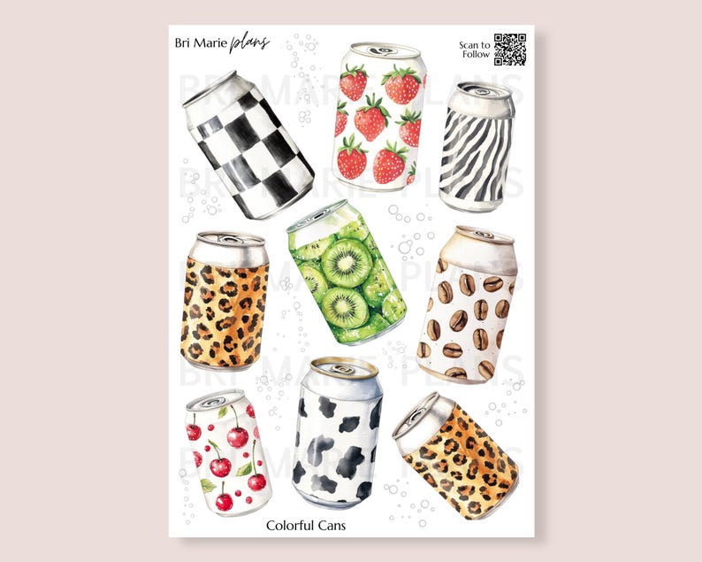 Colorful Cans Sticker Sheet | Funky Soda Can Planner Stickers | Cherry ...