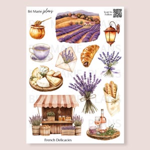 May include: Watercolor illustration of French delicacies, including lavender fields, a honey pot, cheese, a croissant, and a market stall. The text "Bri Marie plans" and "French Delicacies" are visible. A QR code is also present.
