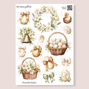 May include: A sheet of Easter-themed stickers with watercolor illustrations. The design includes a floral wreath, baskets of eggs, a chick, bows, and decorative eggs. The text "Bri Marie plans" and "Peaceful Easter" are visible.