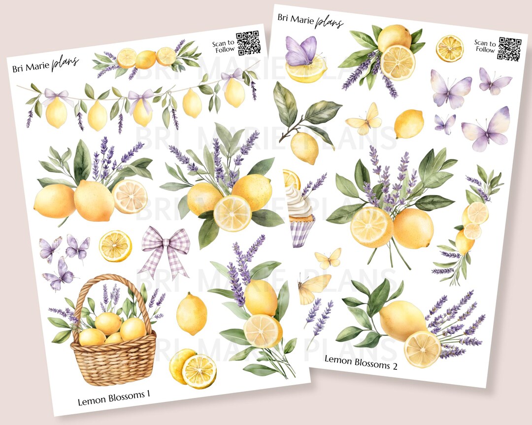Lemon Blossoms Sticker Sheet Set | Lemon Lavender Planner Stickers ...