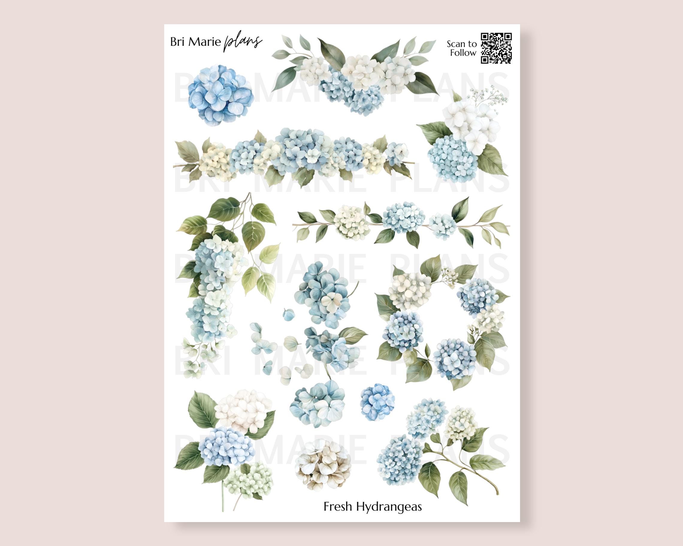 Fresh Hydrangeas Sticker Sheet | Blue & White Floral Planner Stickers ...
