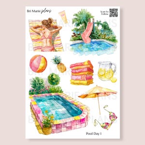 Aufkleberbogen für den Pooltag 1 zum Ausdrucken | Sommer-Poolplaner-Aufkleber | Pinke Pool-Tagebuch-Aufkleber | Scrapbook-Deko