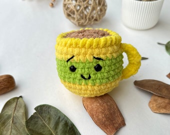 Handmade crochet coffee cup plushie, kawaii amigurumi mug, cozy tea lover gift