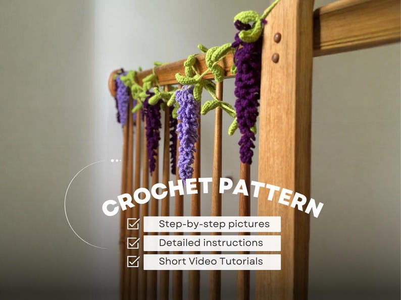 Crochet Wisteria Plant Pattern, Long Hanging Floral Garland PDF, Boho Wall Decor, Wedding Backdrop, Purple Flower Wall Hanging image 1