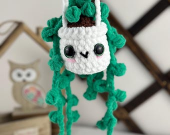 Hanging string of pearls plushie with eyes, crochet potted plant, kawaii plant lover gift