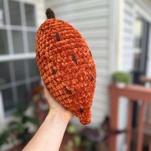 May include: An orange crochet pumpkin with brown accents and a brown stem. The plush pumpkin is held up in front of a blurred background. The pumpkin is a fall-themed decorative item.