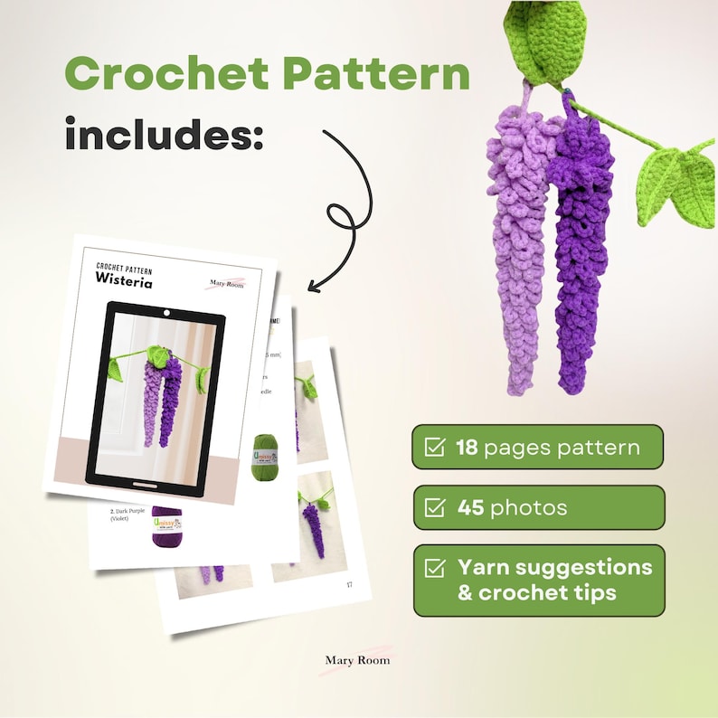 Crochet Hanging Wisteria Plant Pattern – Cute Office and Home Decor | Digital Download PDF | DIY Floral Wall Art | Handmade Gift Idea